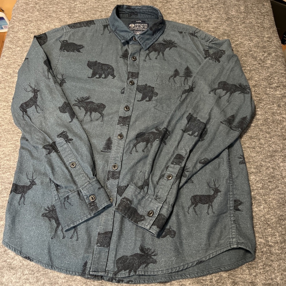 American Rag Cie Shirt Mens L Animal Black Gray Button Up‎ Long Sleeve Flannel